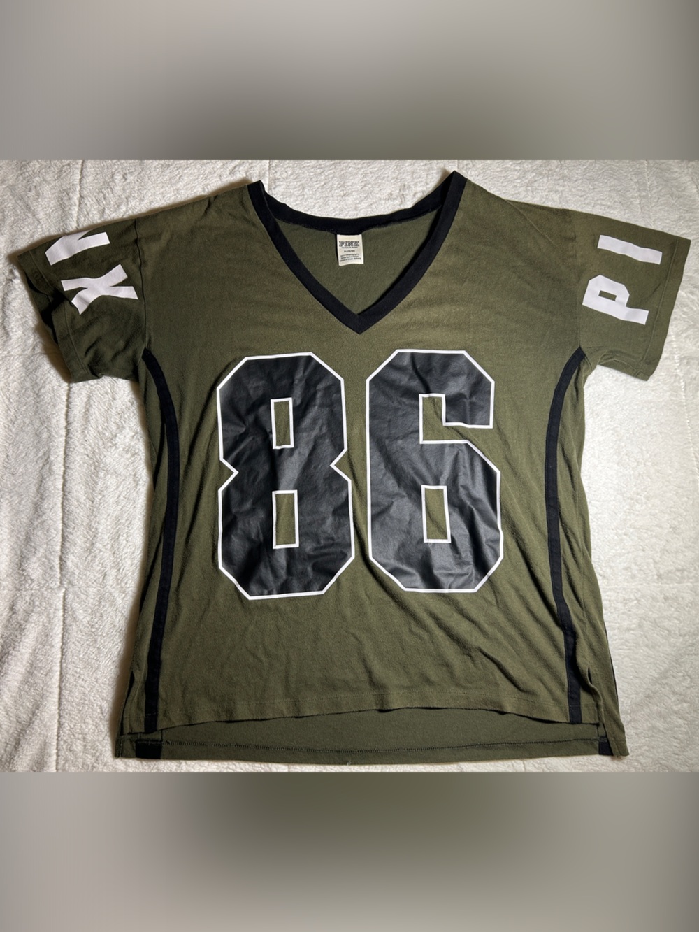 Pink Victoria Secret Oversized Olive Green V-Neck Tee with Bold '86' Graphic